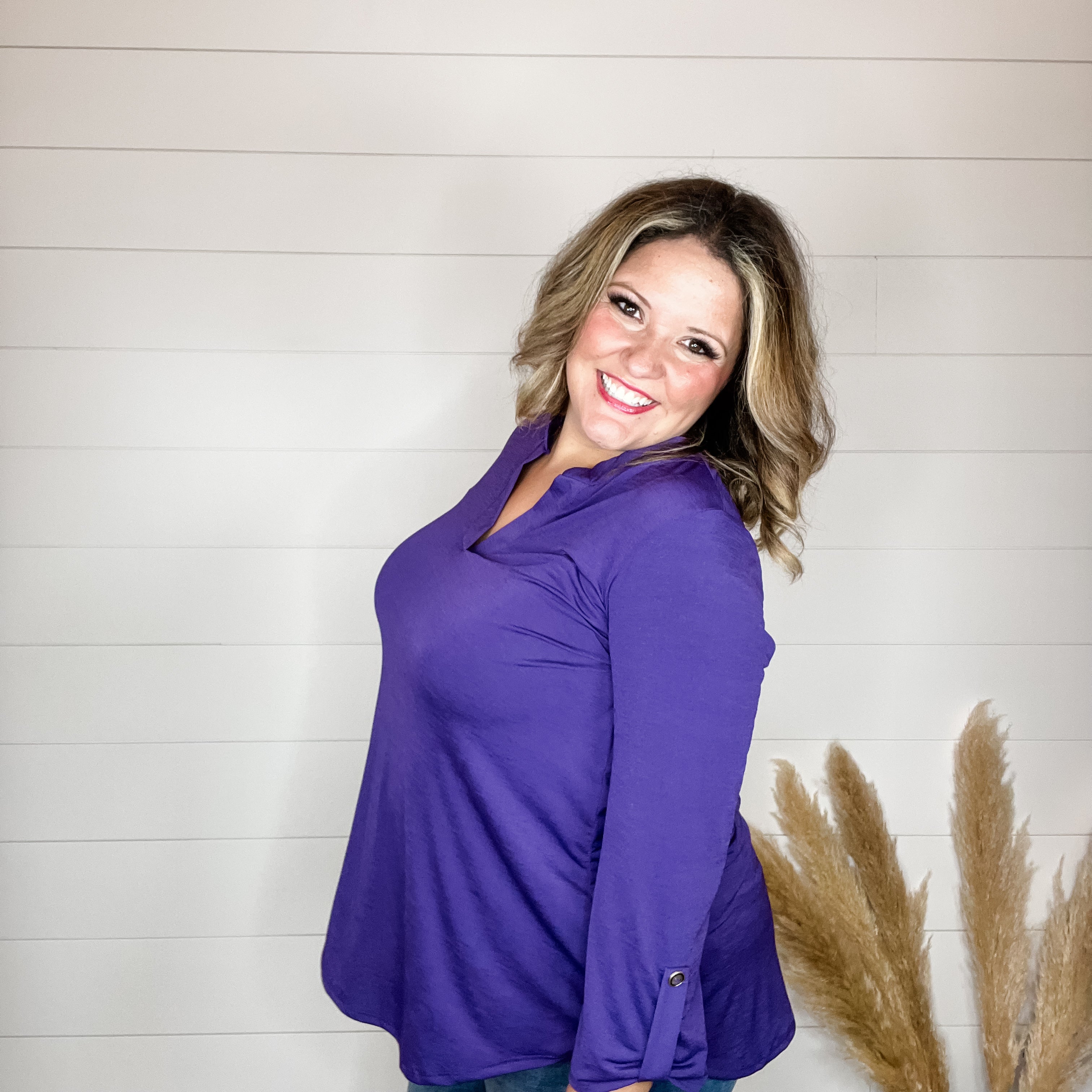 "Solid Ground" Lizzy 3/4 Sleeve Split Neck (Purple)-Lola Monroe Boutique