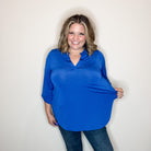 "Solid Ground" Lizzy 3/4 Sleeve Split Neck (Royal Blue)-Lola Monroe Boutique