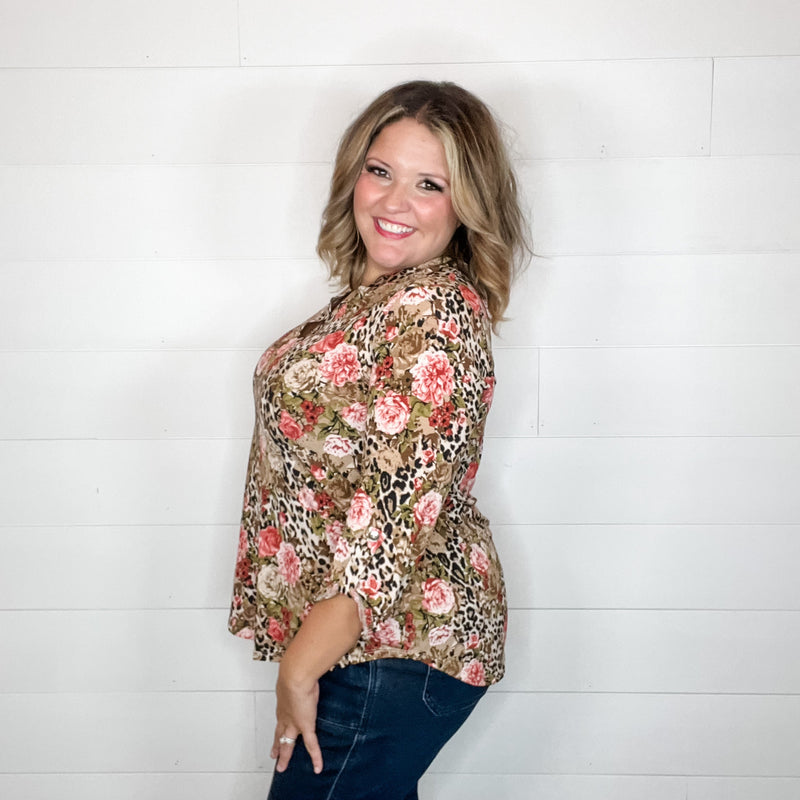 "South" Animal and Floral Lizzy 3/4 Sleeve Split Neck-Lola Monroe Boutique