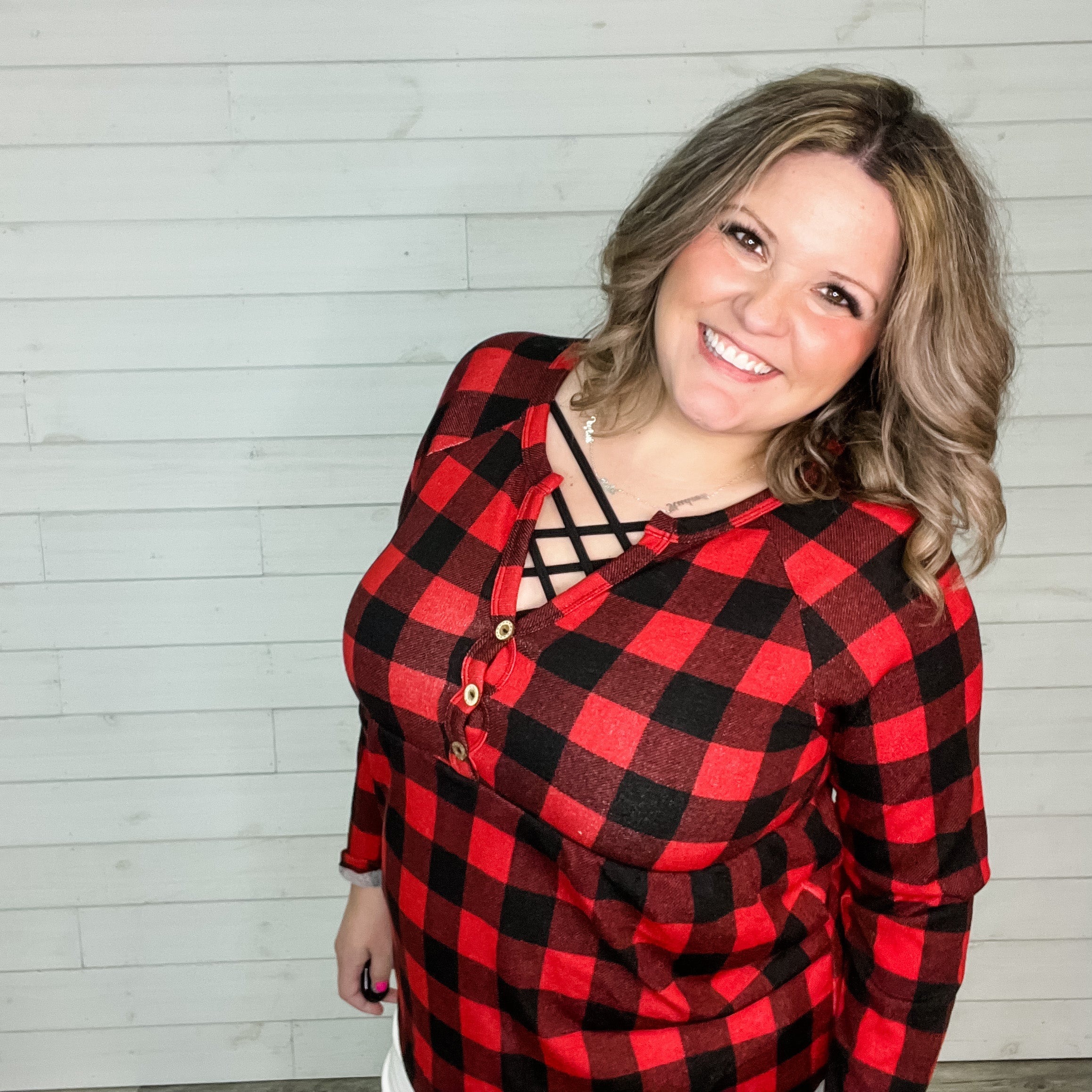 "Spencer" Long Sleeve Plaid Babydoll (Buffalo Plaid)-Lola Monroe Boutique