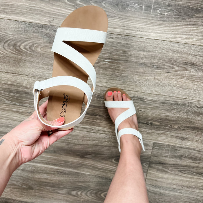 "Spring Fling" Strappy Wedge Sandal By Corkys (White Shimmer)-Lola Monroe Boutique