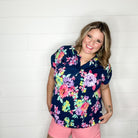 "Stand Alone" Floral Split Neck Cuffed Short Sleeve-Lola Monroe Boutique