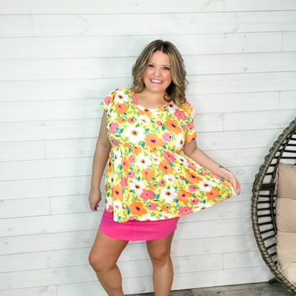 "Stand Out" Large Floral Print Ruffle Cap Sleeve Babydoll