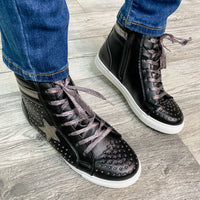 "Star Studded" High Top Side Zip Sneaker (Black and Pewter)-Lola Monroe Boutique