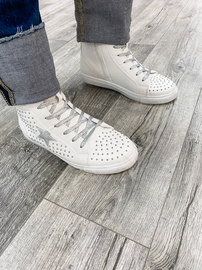 "Star Studded" High Top Side Zip Sneaker (White and Silver)-Lola Monroe Boutique
