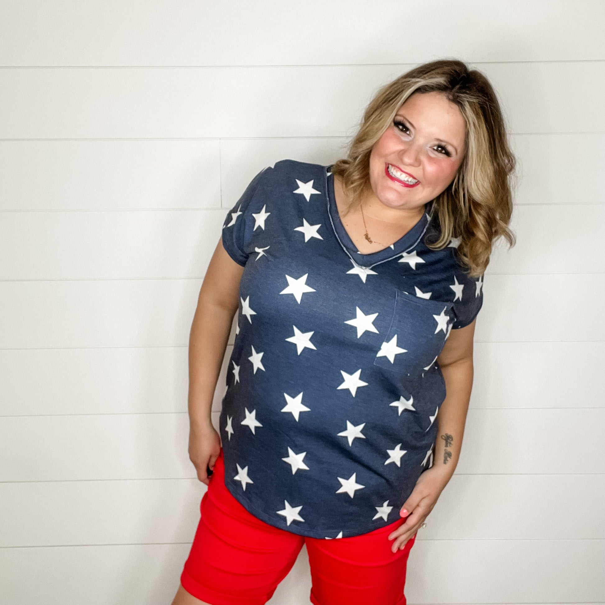 "Starstruck" Cuffed Sleeve V Neck with Pocket