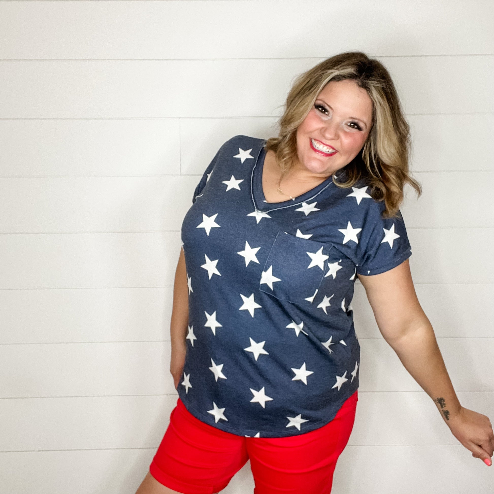 "Starstruck" Cuffed Sleeve V Neck with Pocket
