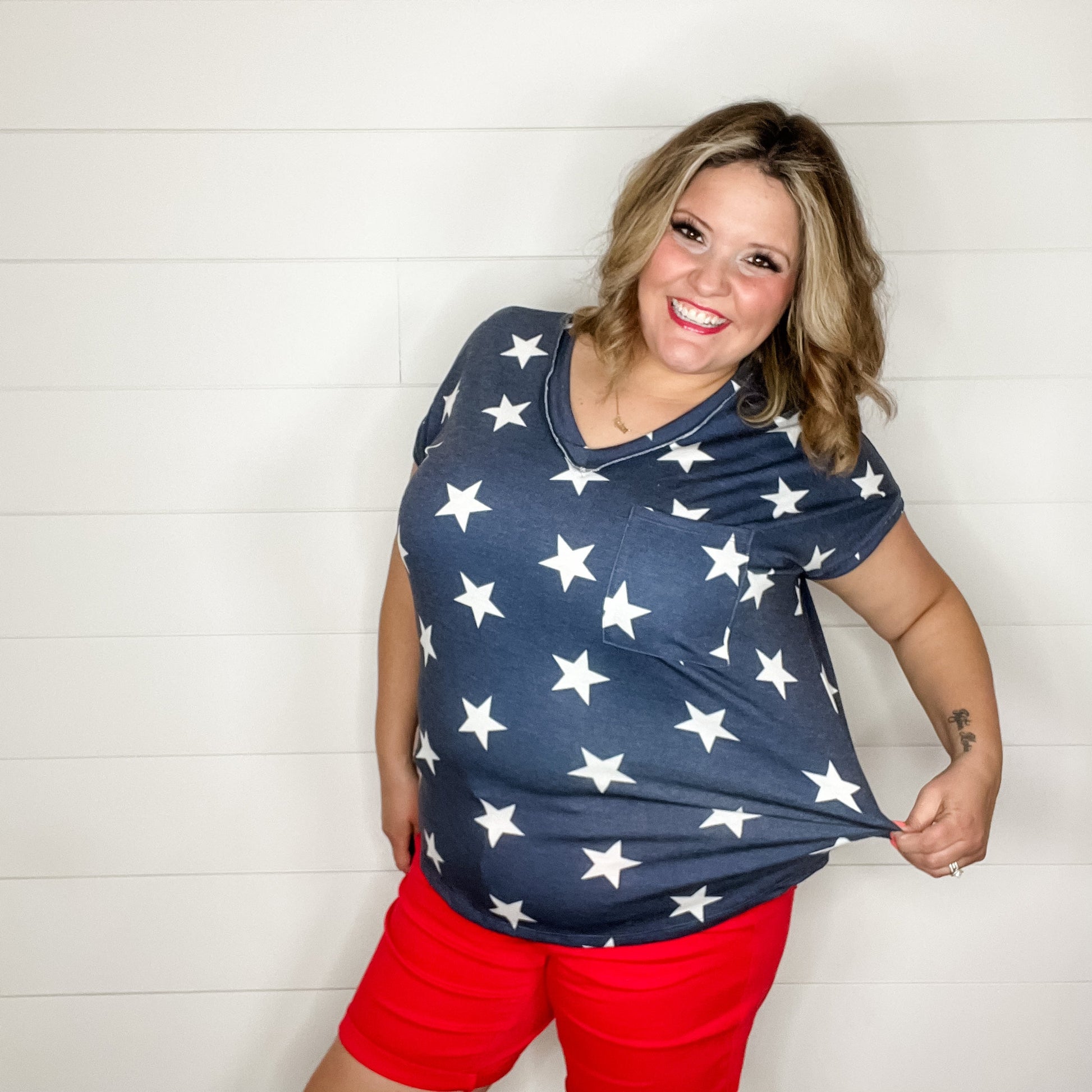 "Starstruck" Cuffed Sleeve V Neck with Pocket