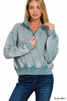 "Stone Cold" Acid Wash 1/2 Zip (Blue Grey)-Lola Monroe Boutique