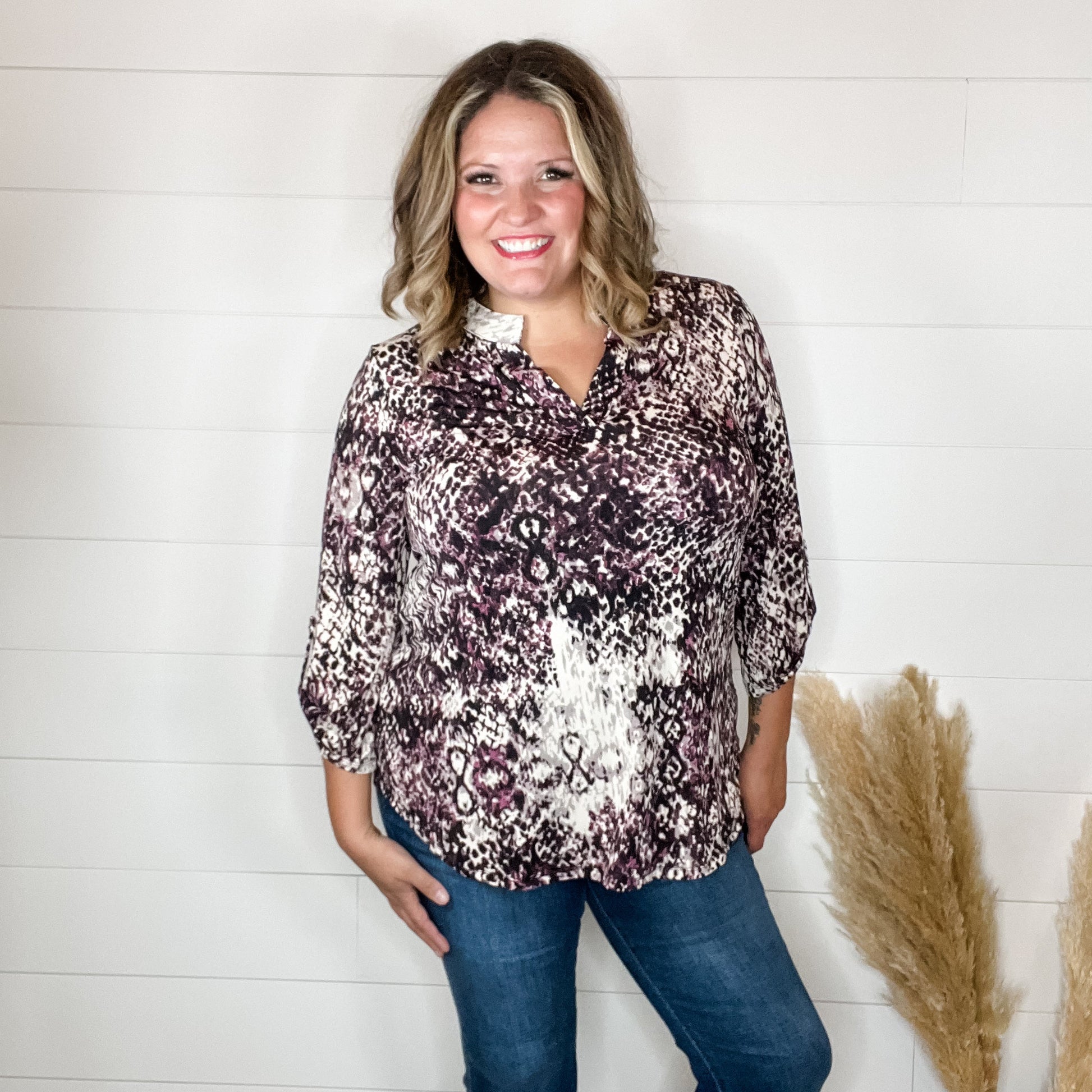 "Strike" Animal Print Lizzy 3/4 Sleeve Split Neck