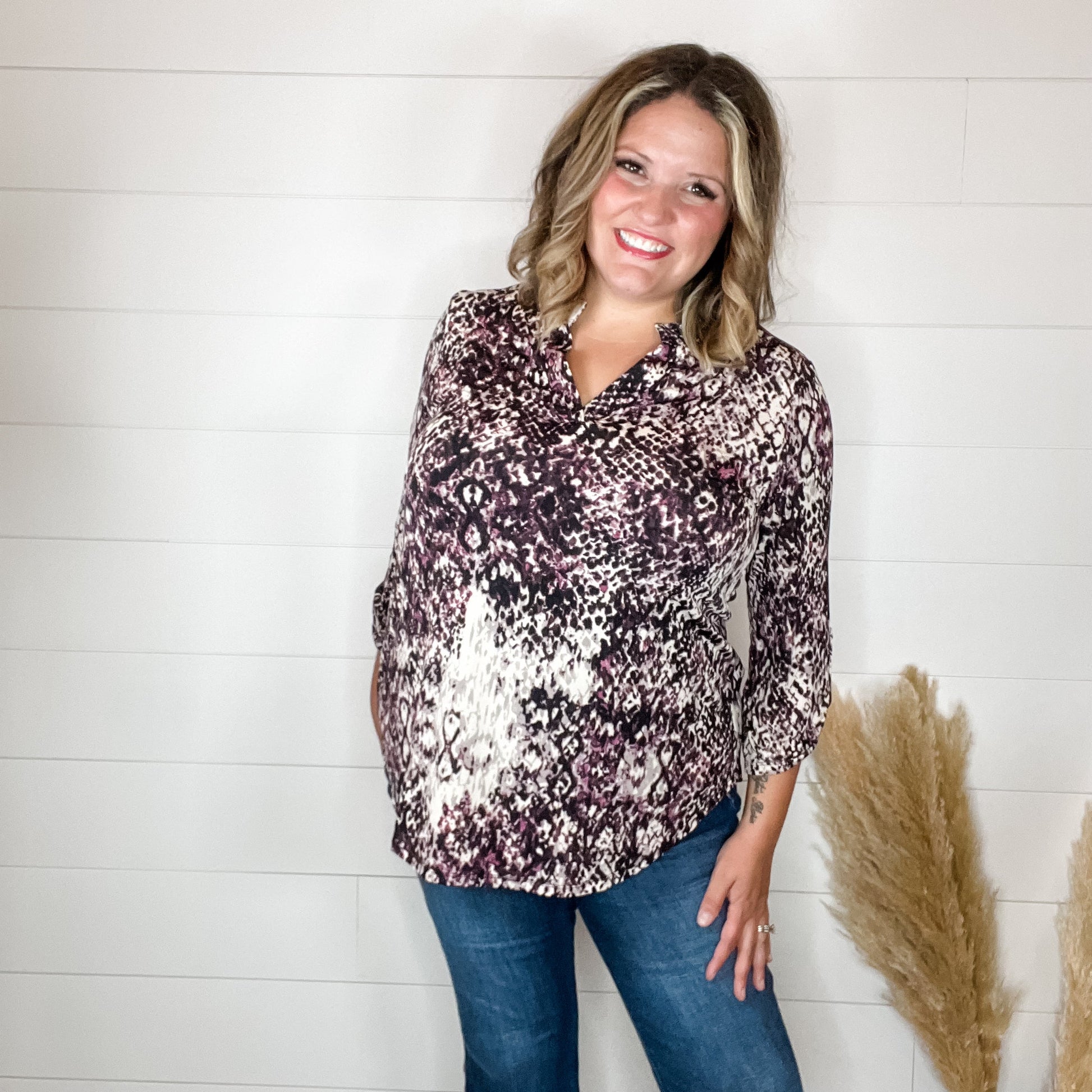 "Strike" Animal Print Lizzy 3/4 Sleeve Split Neck