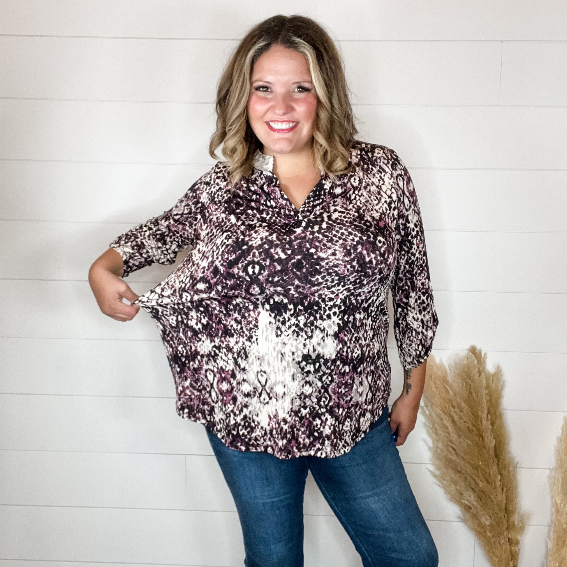 "Strike" Animal Print Lizzy 3/4 Sleeve Split Neck