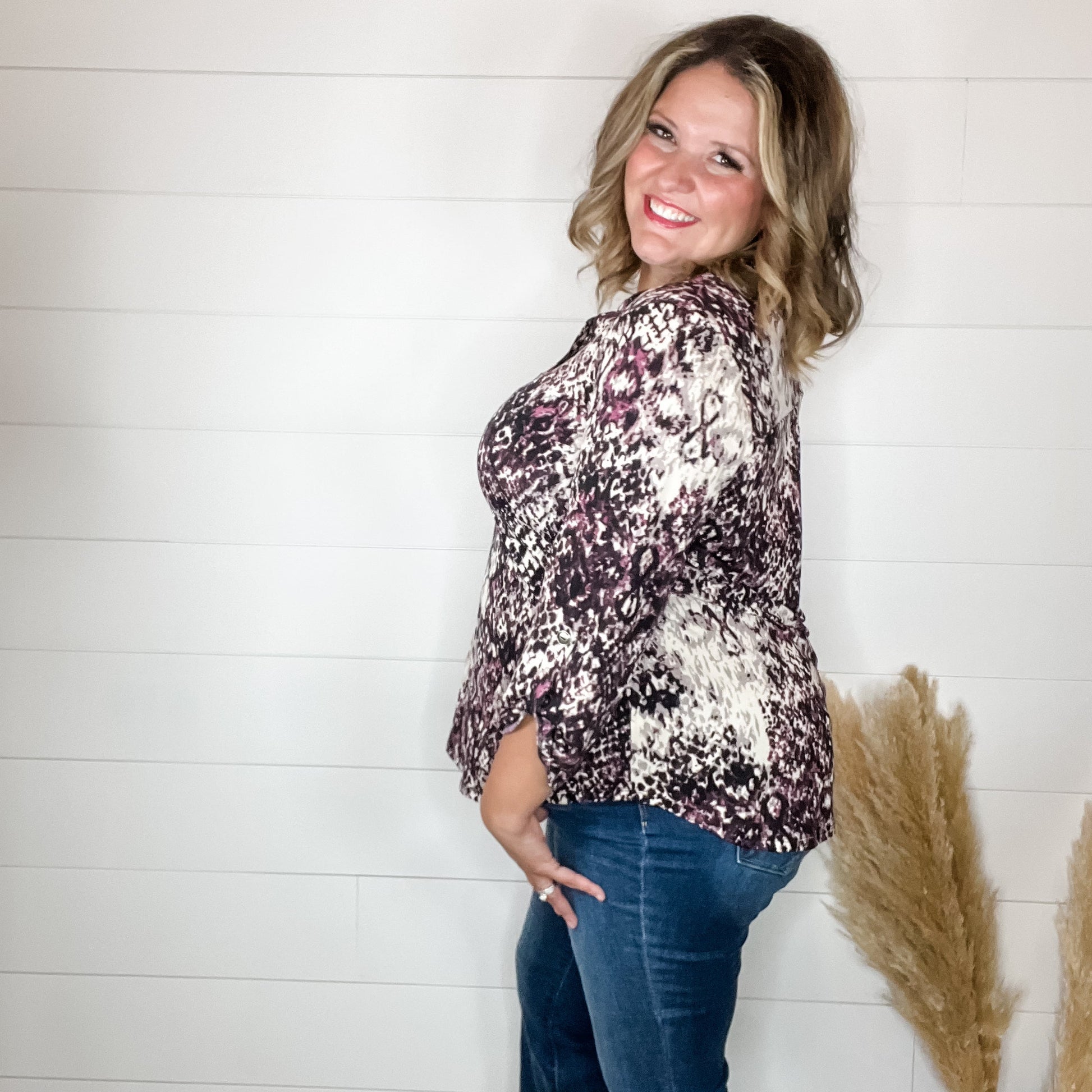 "Strike" Animal Print Lizzy 3/4 Sleeve Split Neck