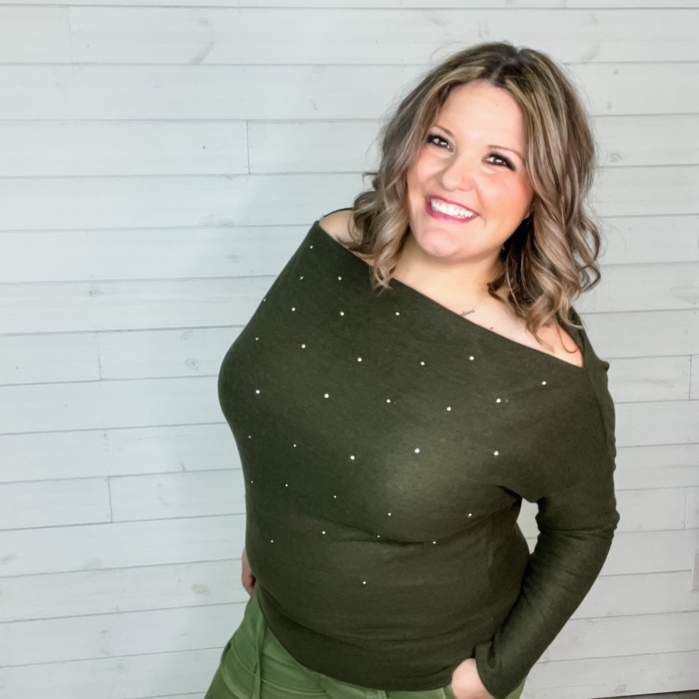 Studded Off the Shoulder Sweater-Lola Monroe Boutique