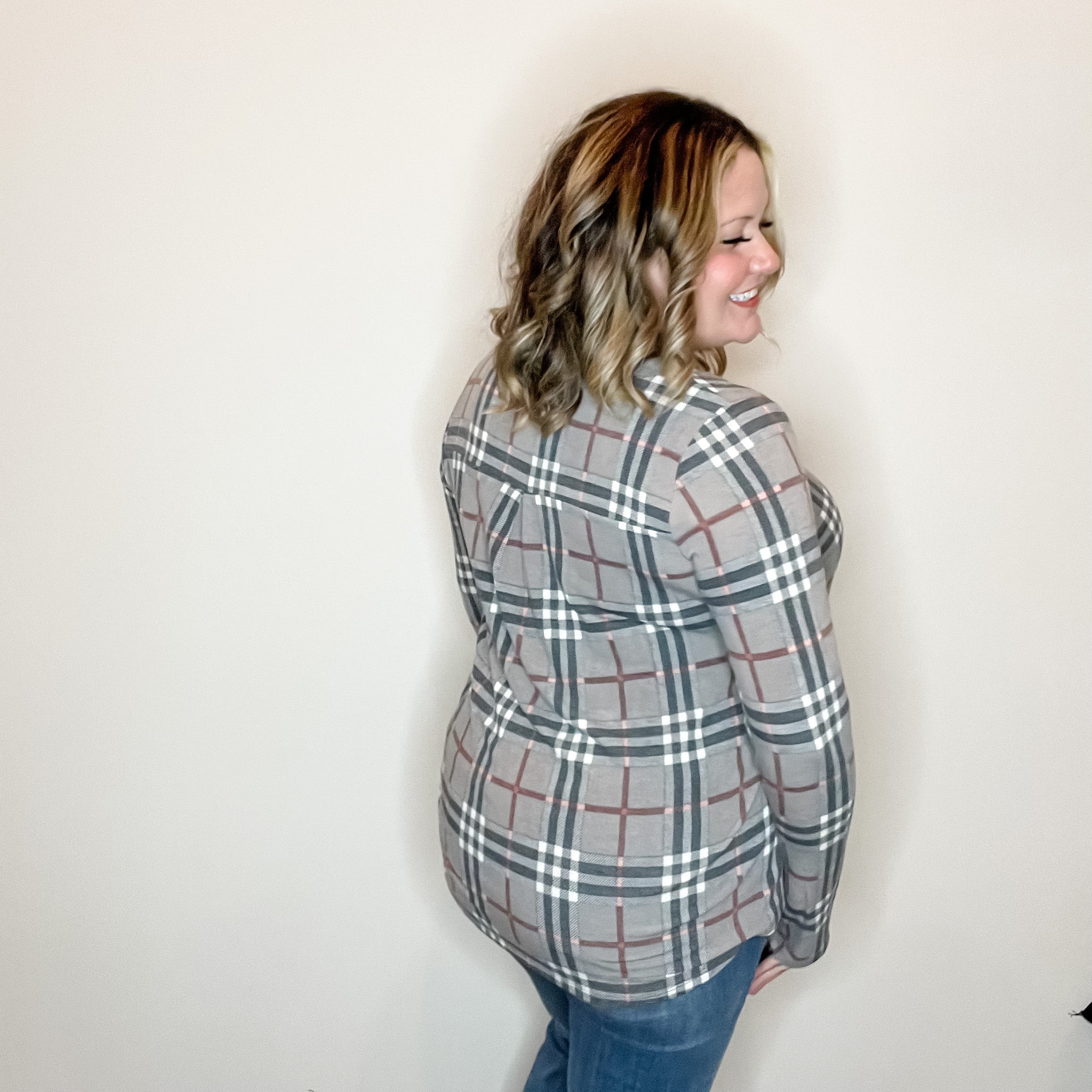 "Surrender" Plaid Long Sleeve Split Neck-Lola Monroe Boutique