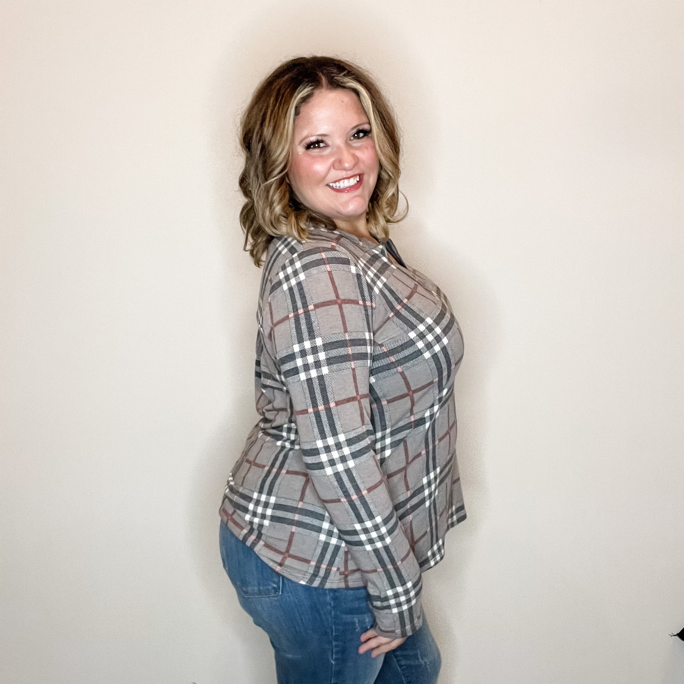 "Surrender" Plaid Long Sleeve Split Neck-Lola Monroe Boutique