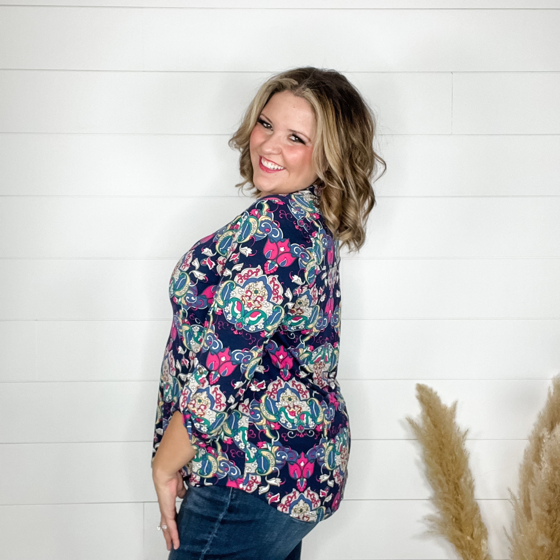 "Sutter" Paisley Lizzy 3/4 Sleeve Split Neck-Lola Monroe Boutique