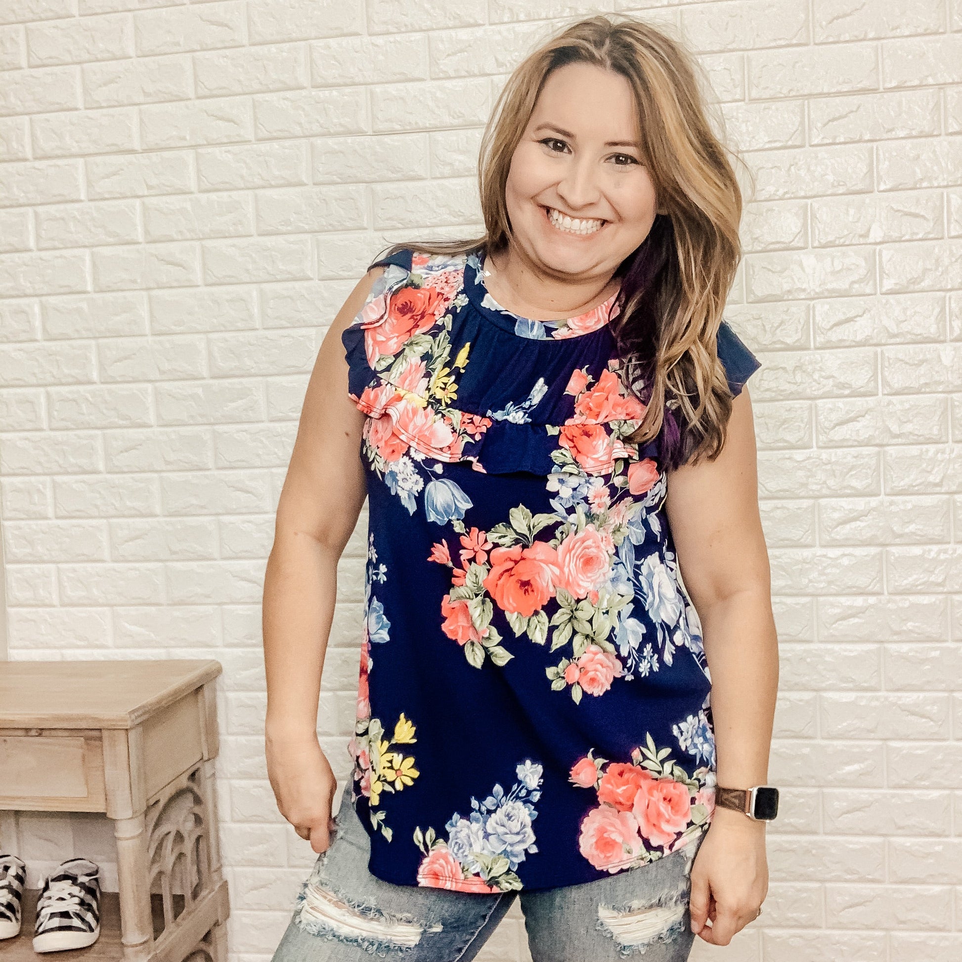 "Sweetie Pie" Floral Ruffle Front Cap Sleeve