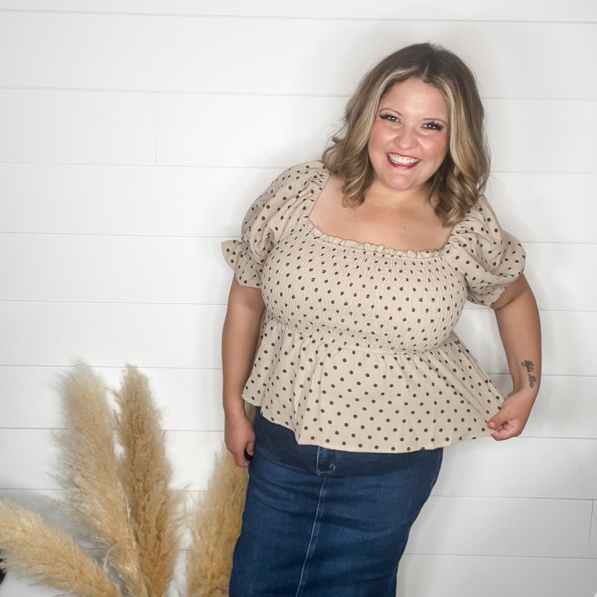 "Sweetie" Polka Dot Smocked Peplum Crop Top