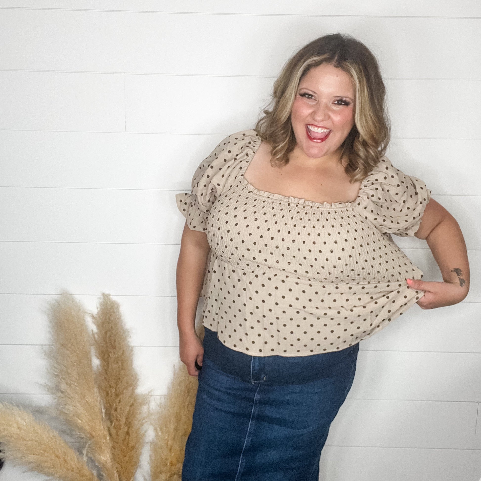 "Sweetie" Polka Dot Smocked Peplum Crop Top