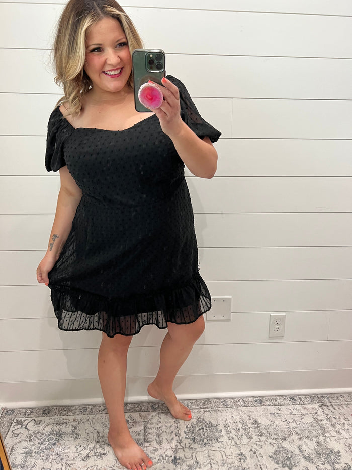 Swiss Dot Bubble Sleeve Dress (Black)-Lola Monroe Boutique