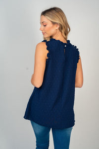"Swiss Miss" Sleeveless Ruffle Cap and Collar with Back Button Detail (Navy)-Lola Monroe Boutique