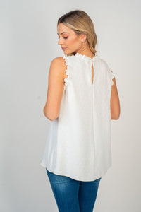 "Swiss Miss" Sleeveless Ruffle Cap and Collar with Back Button Detail (Off White)-Lola Monroe Boutique