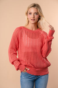 "Cut the Chill" Long Sleeve Lighweight Sweater (Coral Pink)