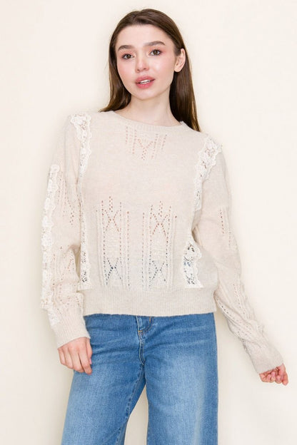 "Zealous" Long Sleeve Sweater with Lace Detail