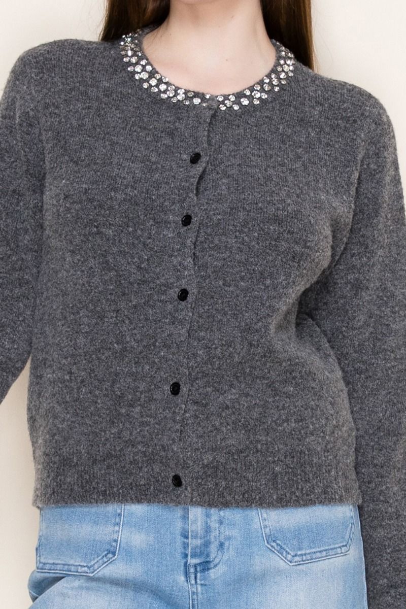"Classical" Long Sleeve Button Front Sweater with Rhinestone Detail