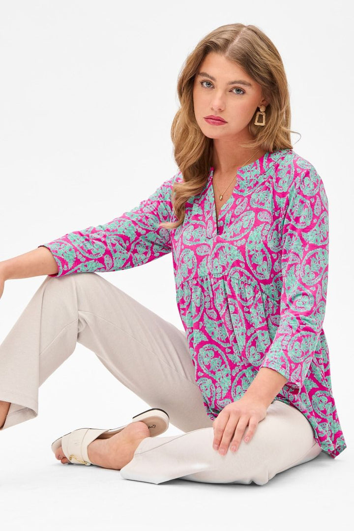 "Pompano" 3/4 Sleeve Babydoll Split Neck