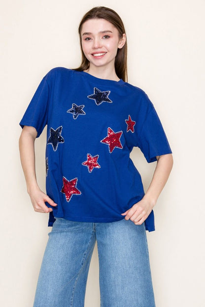 "Is Born" Sequin & Rhinestone Stars Short Sleeve