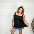 "Taffy" Smocked Bust Ruffle Strap Tank Top (Black)-Lola Monroe Boutique