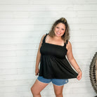 "Taffy" Smocked Bust Ruffle Strap Tank Top (Black)-Lola Monroe Boutique