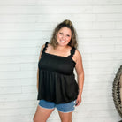 "Taffy" Smocked Bust Ruffle Strap Tank Top (Black)-Lola Monroe Boutique