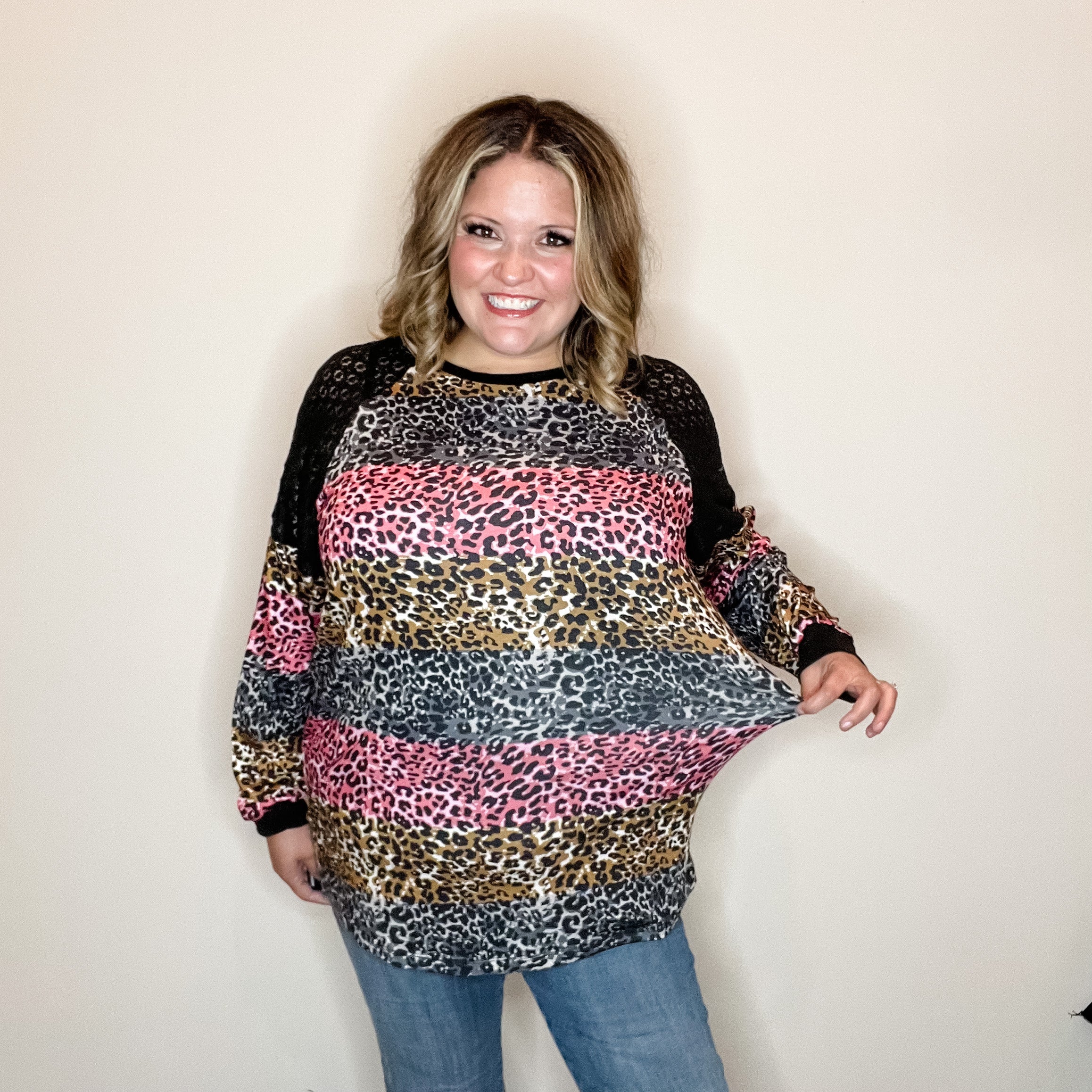 "Take It On" Animal Print Long Sleeve with Lace Shoulder Detail-Lola Monroe Boutique