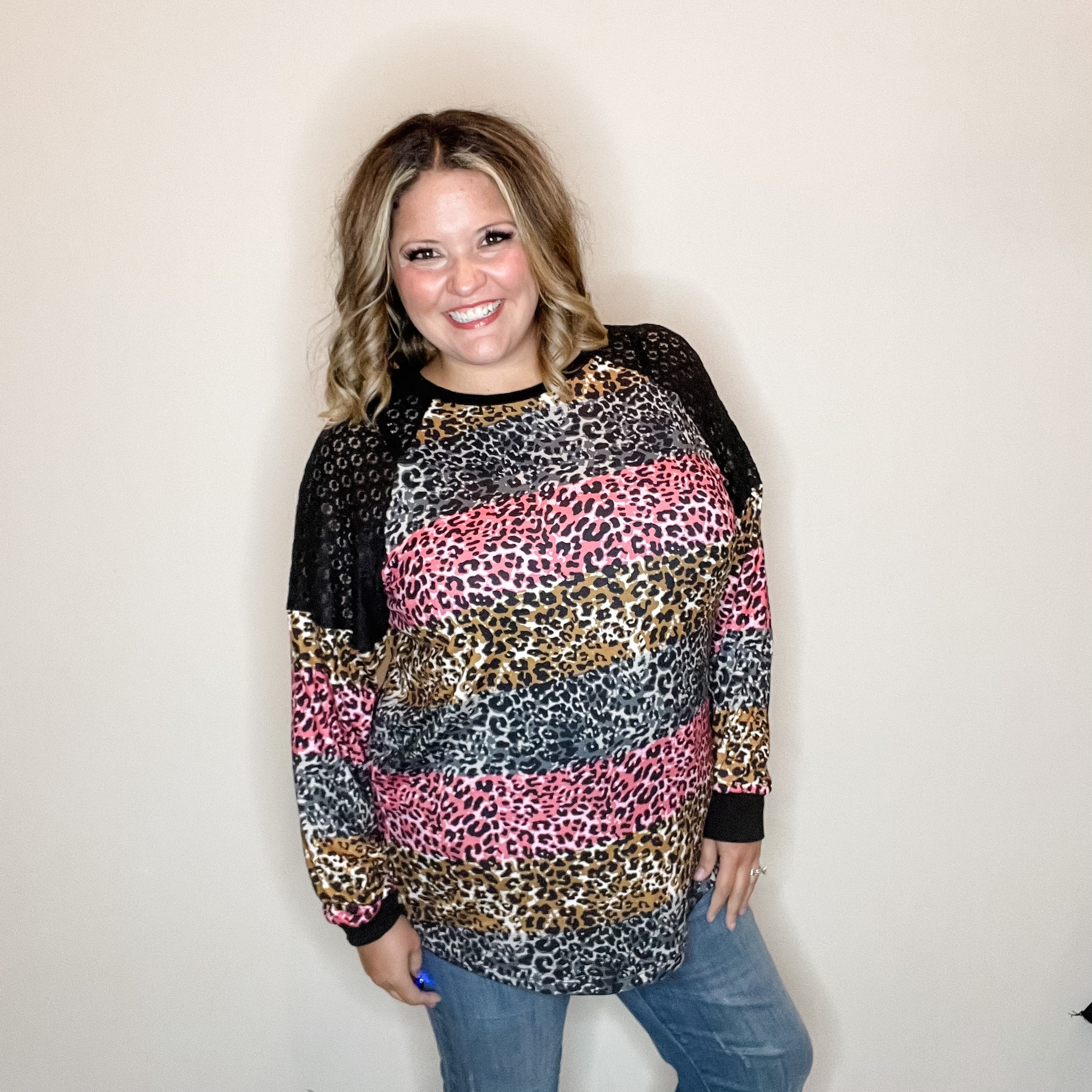 "Take It On" Animal Print Long Sleeve with Lace Shoulder Detail-Lola Monroe Boutique