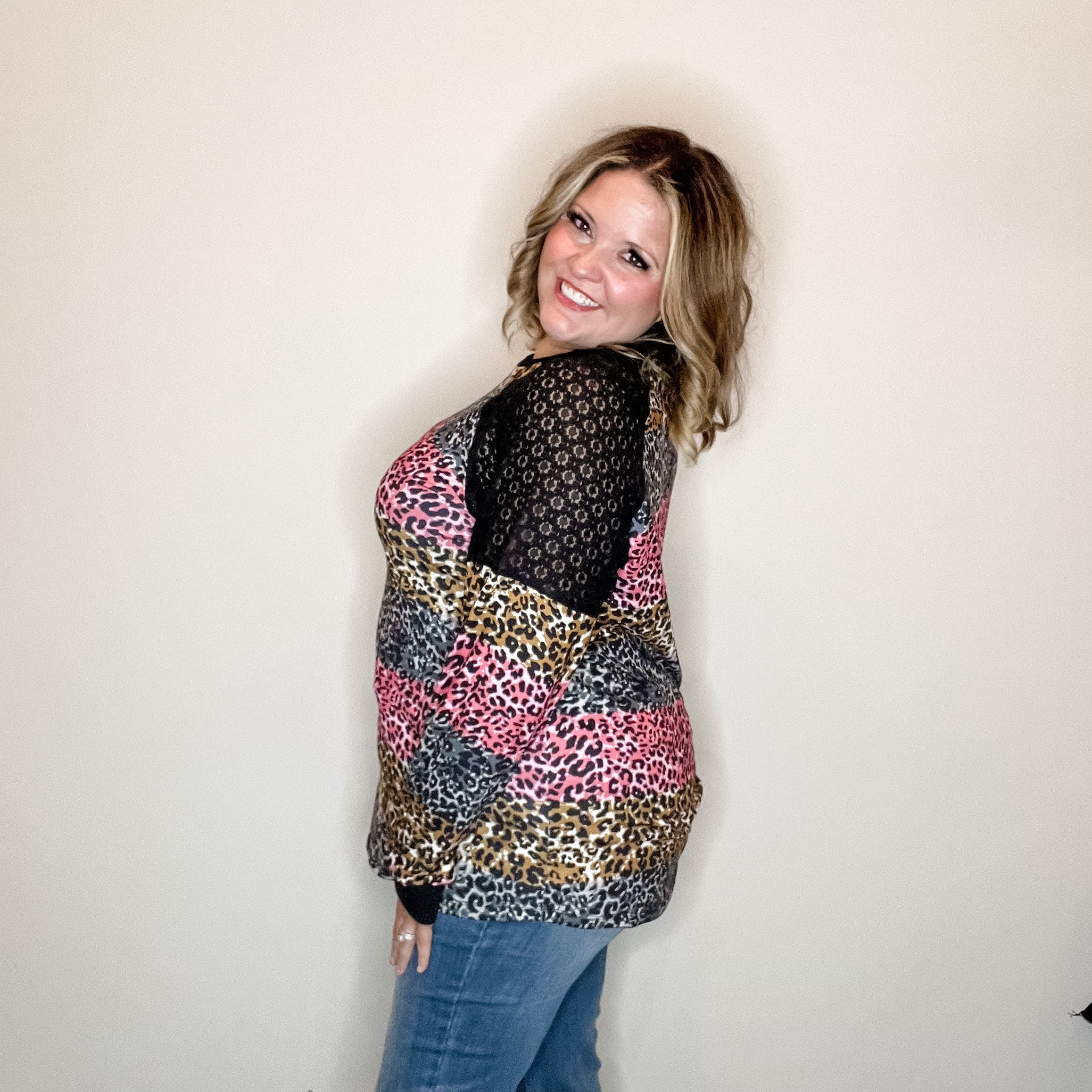 "Take It On" Animal Print Long Sleeve with Lace Shoulder Detail-Lola Monroe Boutique