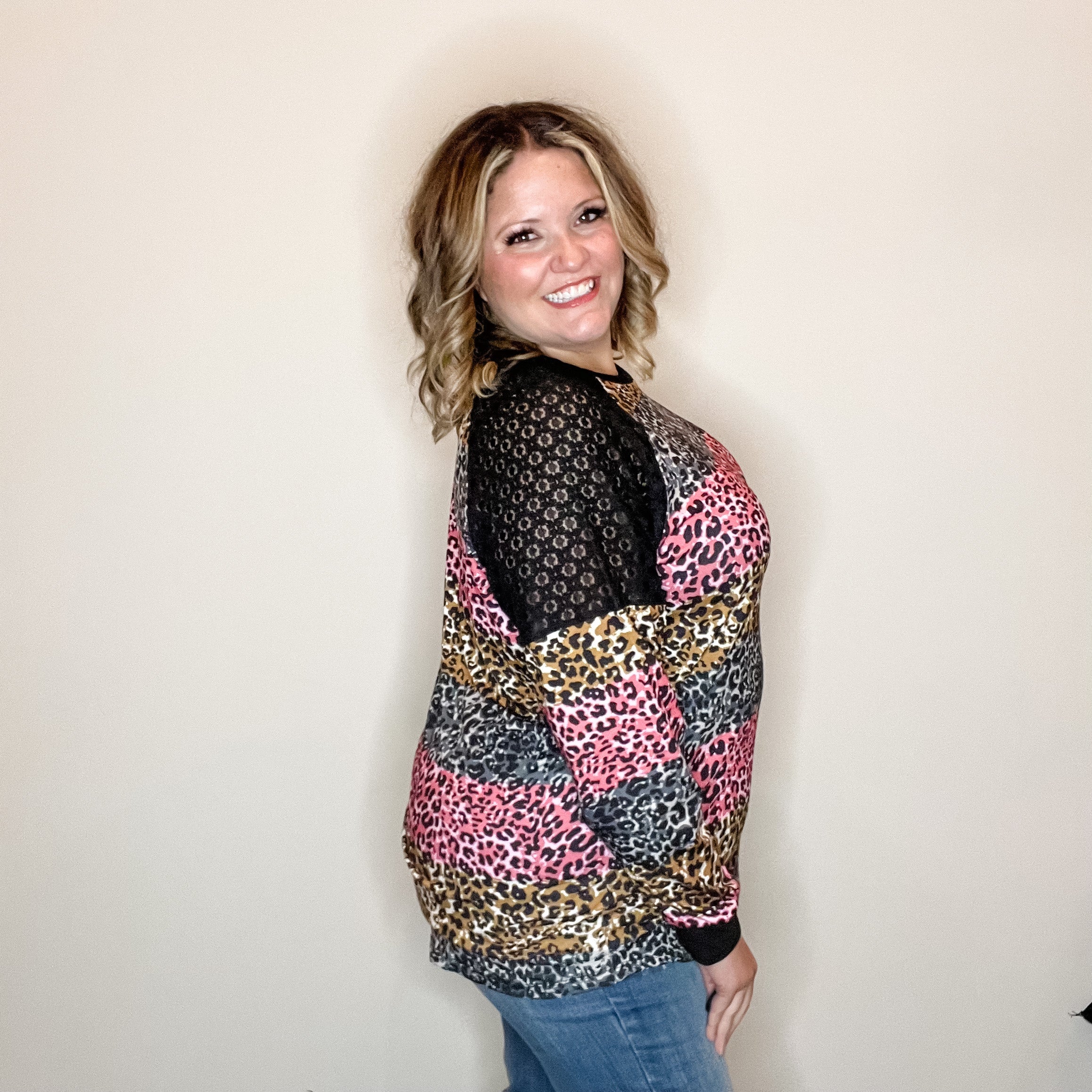 "Take It On" Animal Print Long Sleeve with Lace Shoulder Detail-Lola Monroe Boutique