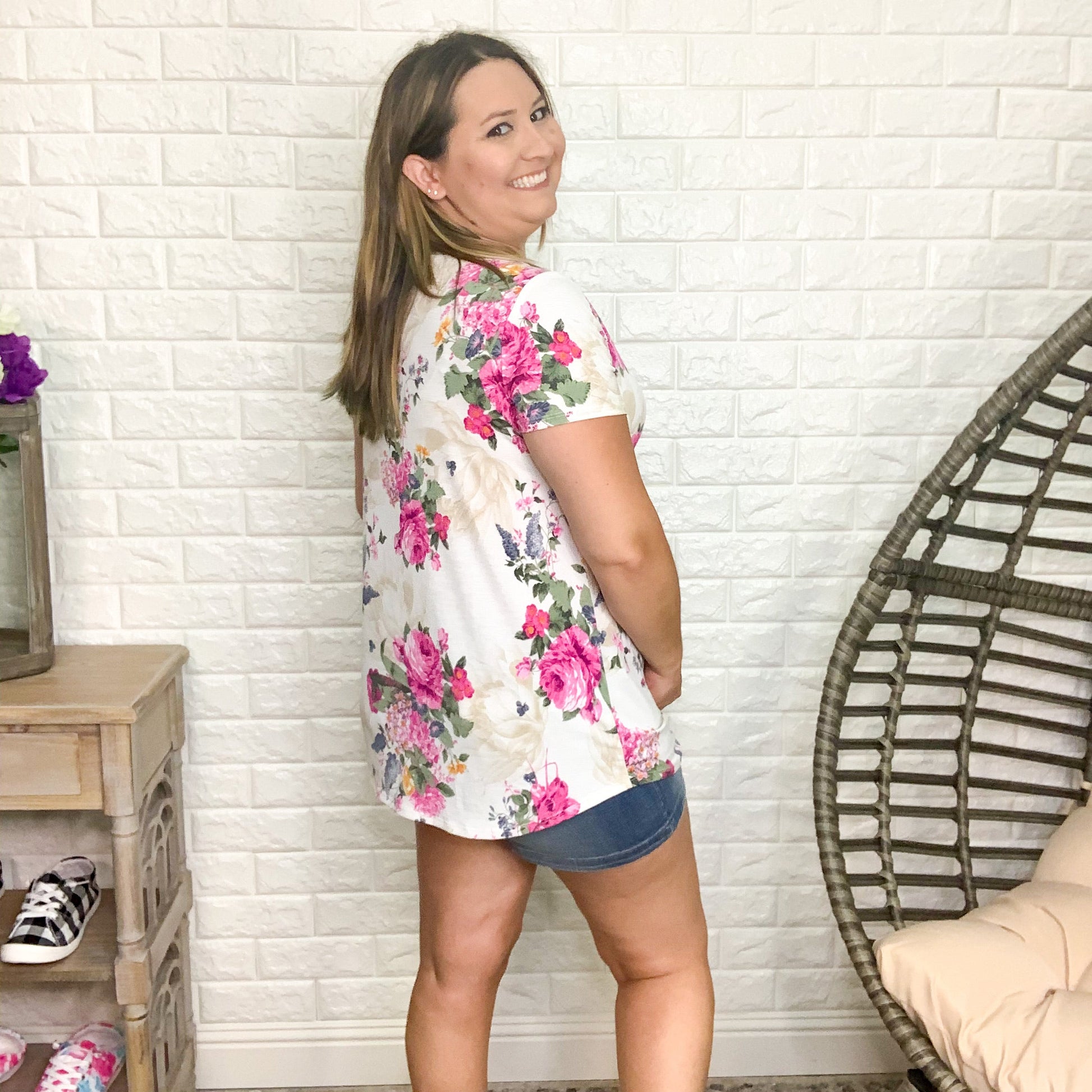 "Tammy" Floral Criss Cross Cutout Front Design (Cream)
