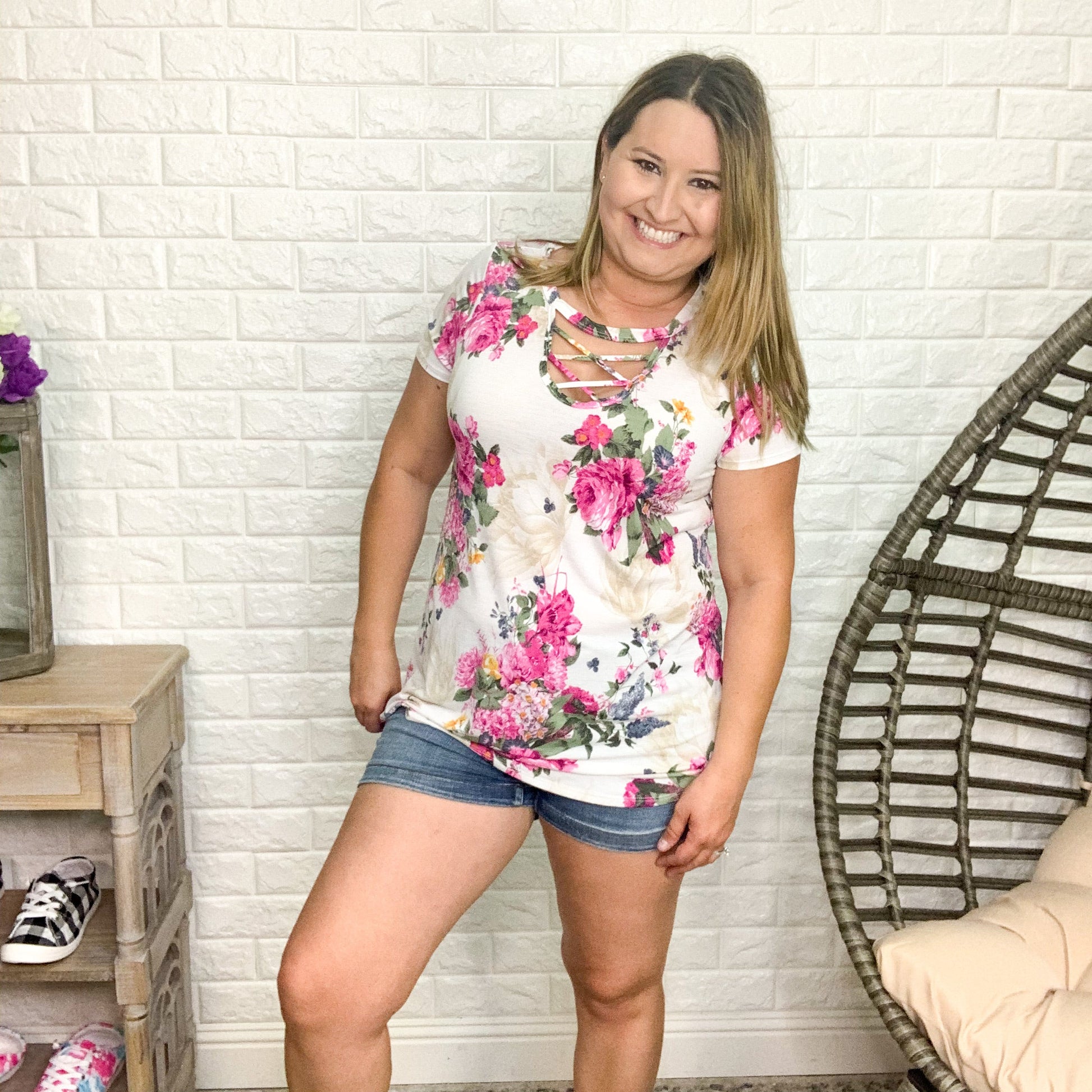 "Tammy" Floral Criss Cross Cutout Front Design (Cream)