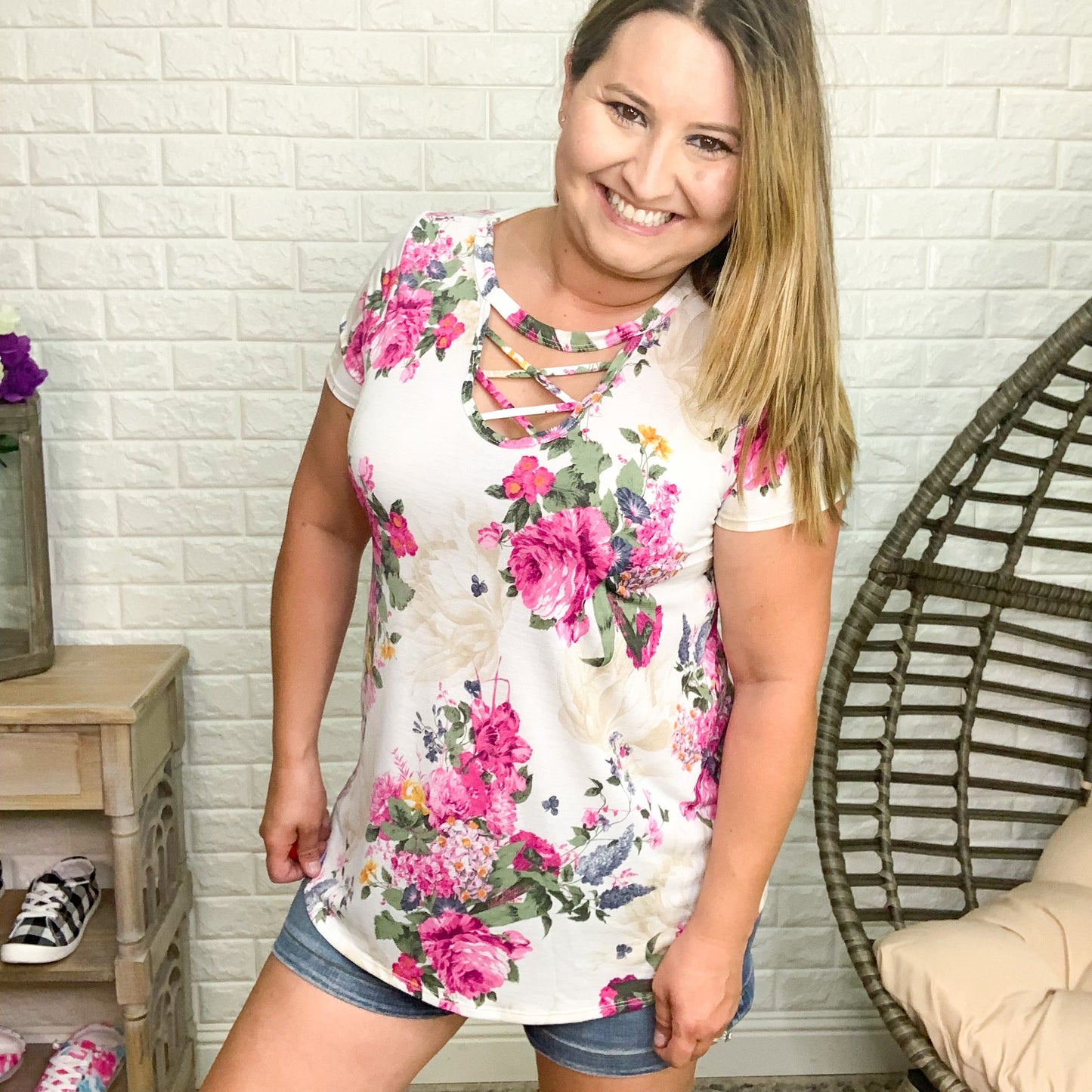 "Tammy" Floral Criss Cross Cutout Front Design (Cream)