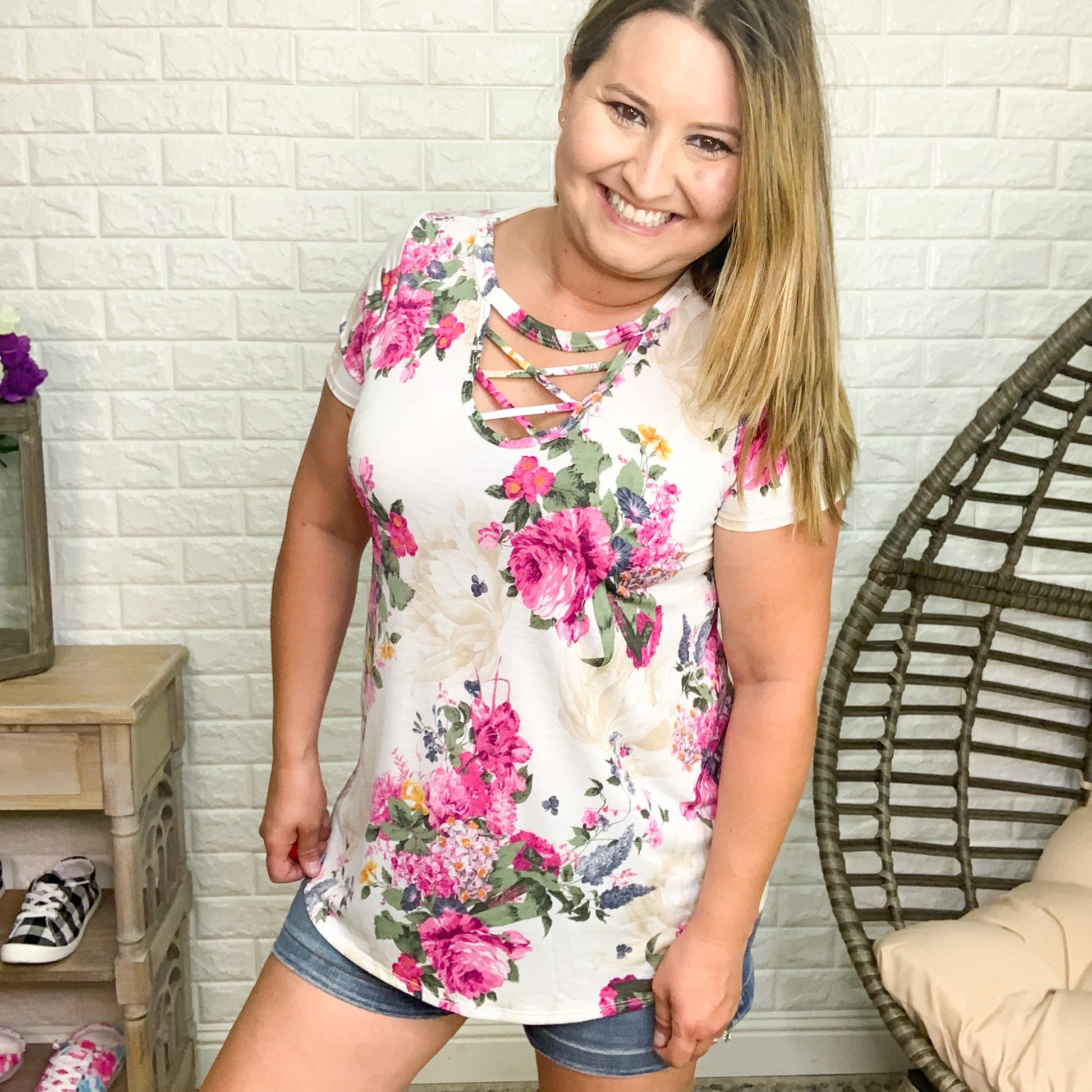 "Tammy" Floral Criss Cross Cutout Front Design (Cream)