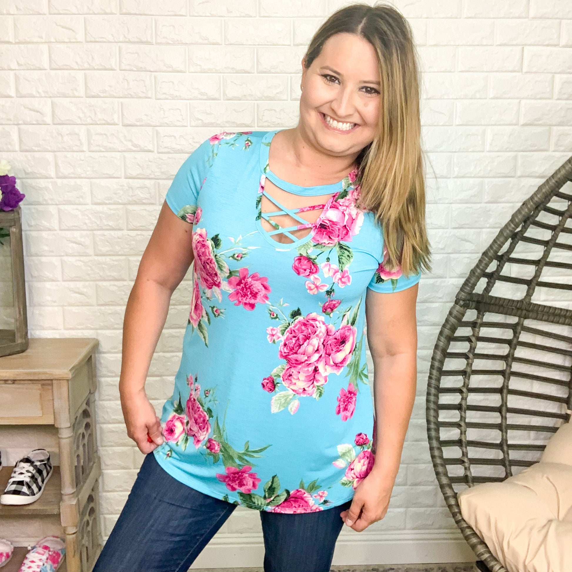 "Tara" Floral V-Neck Criss Cross Cutout Design