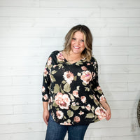 "Thinking About Me" Floral 3/4 Sleeve V Neck-Lola Monroe Boutique
