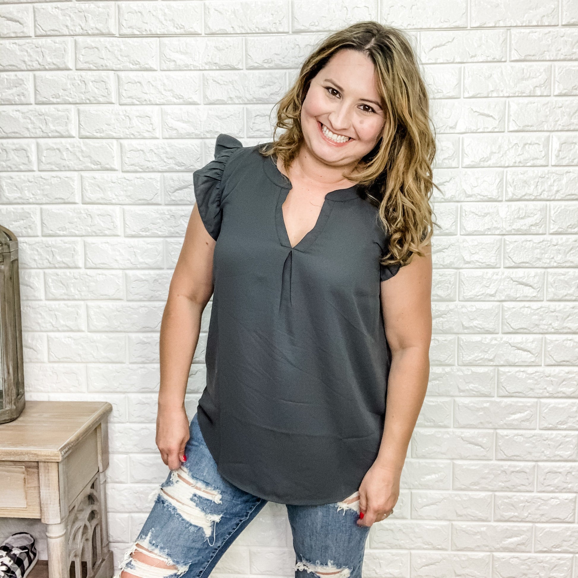 "Tiana" Split Neck Ruffle Shoulder (Multiple Colors)