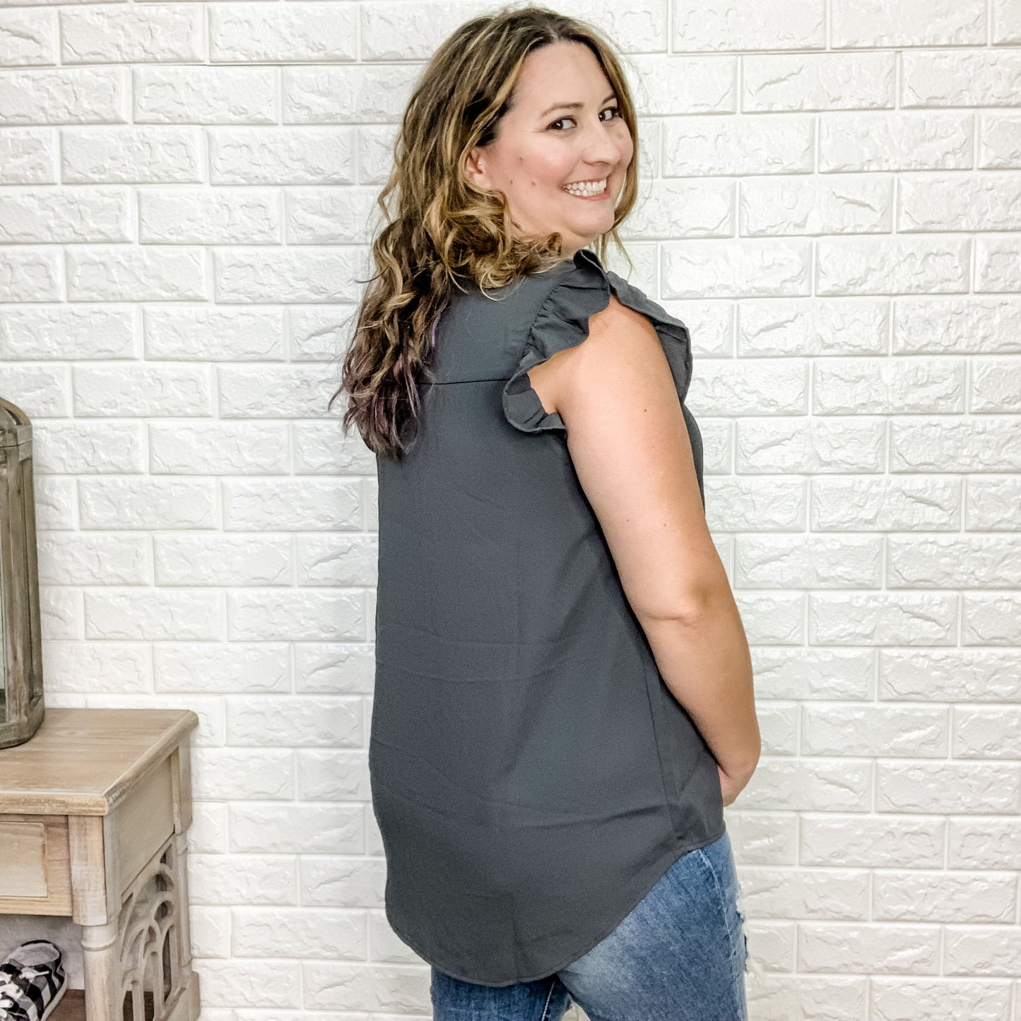 "Tiana" Split Neck Ruffle Shoulder (Multiple Colors)