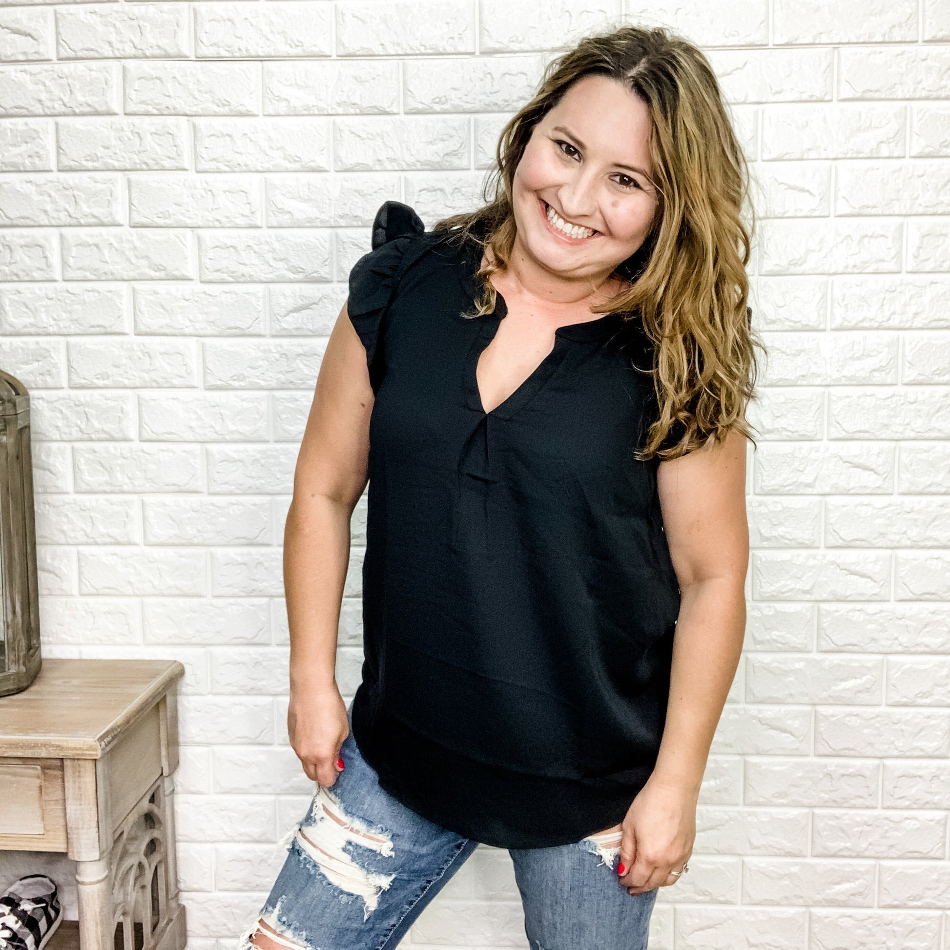 "Tiana" Split Neck Ruffle Shoulder (Multiple Colors)