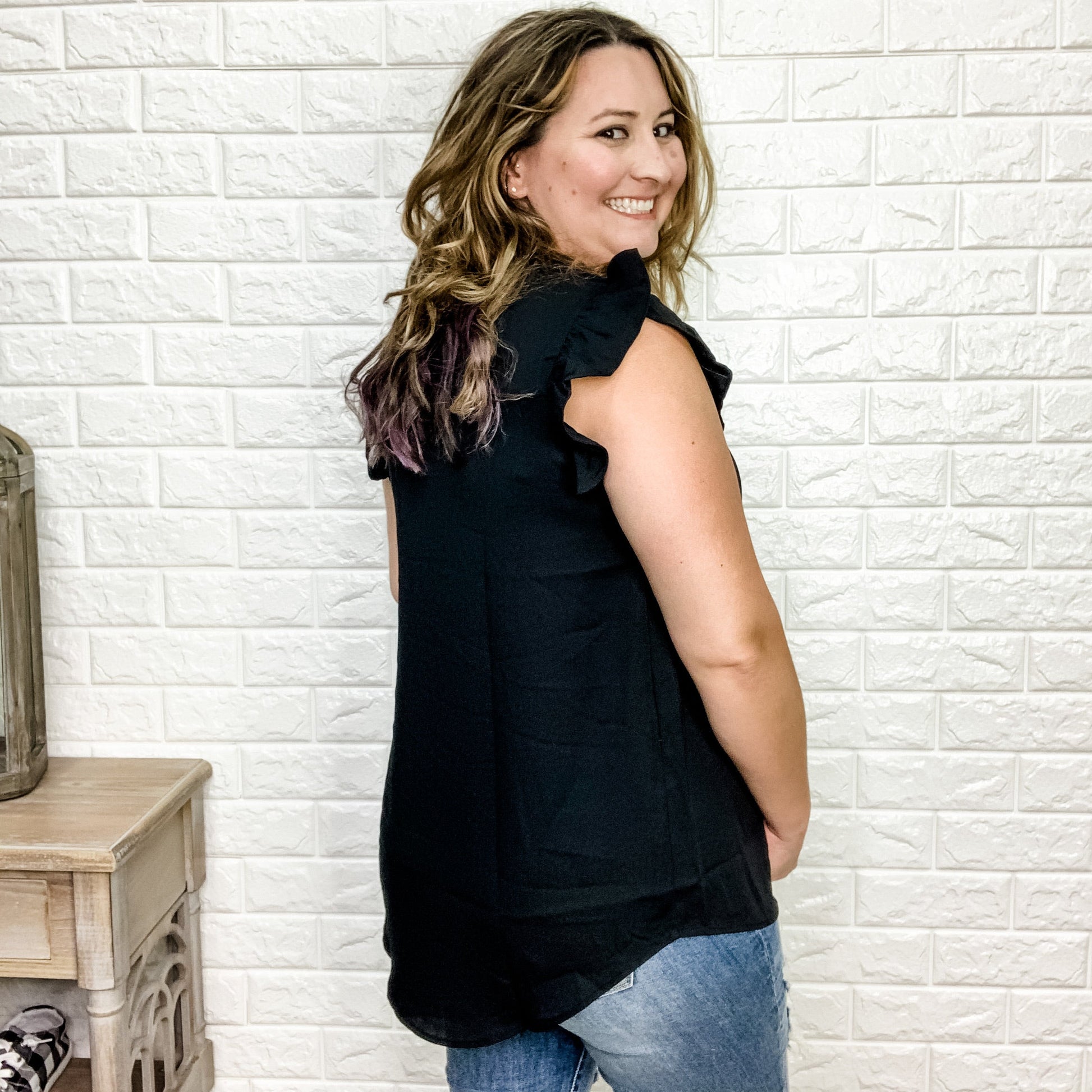 "Tiana" Split Neck Ruffle Shoulder (Multiple Colors)
