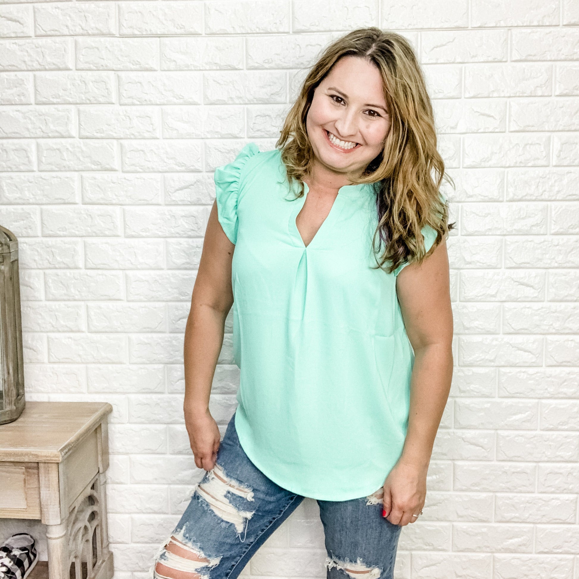 "Tiana" Split Neck Ruffle Shoulder (Multiple Colors)